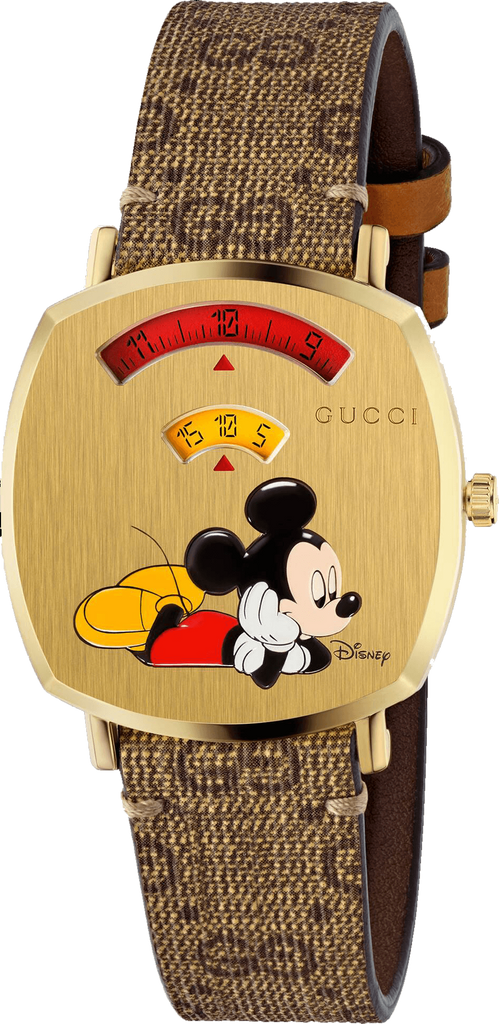 Gucci Grip Disney Mickey Mouse Gold Dial Brown Leather Strap Watch For Women - YA157420 Buy Now By Gucci