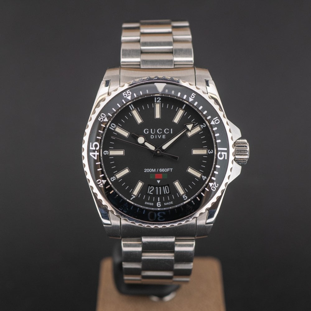 Gucci Dive Quartz Black Dial Silver Steel Strap Watch For Men - YA136301A Buy Now By Gucci