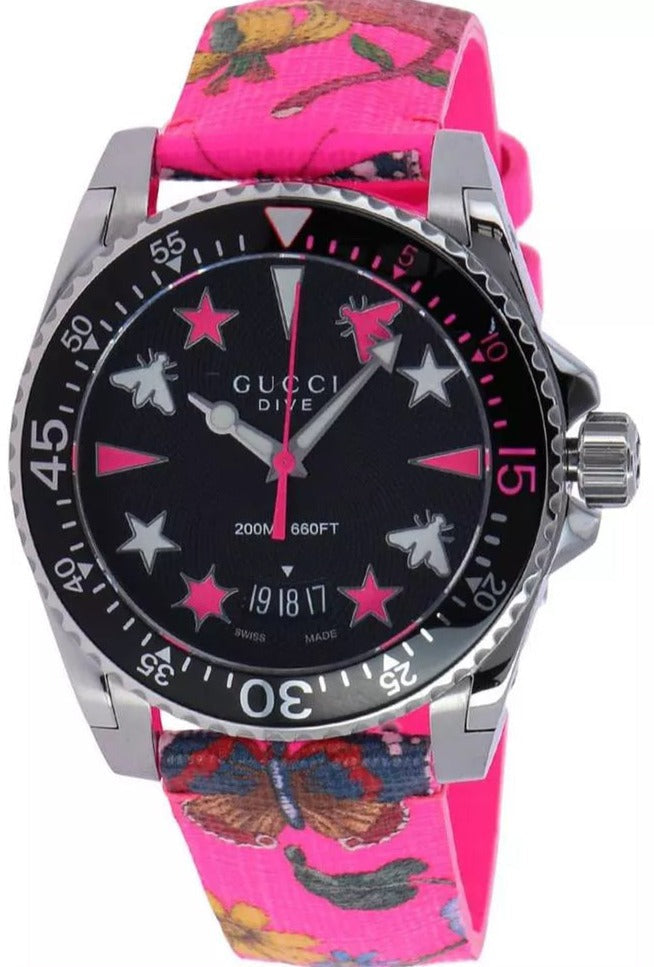Gucci Dive Quartz Black Dial Pink Leather Strap Watch For Women - YA136326 Buy Now By Gucci