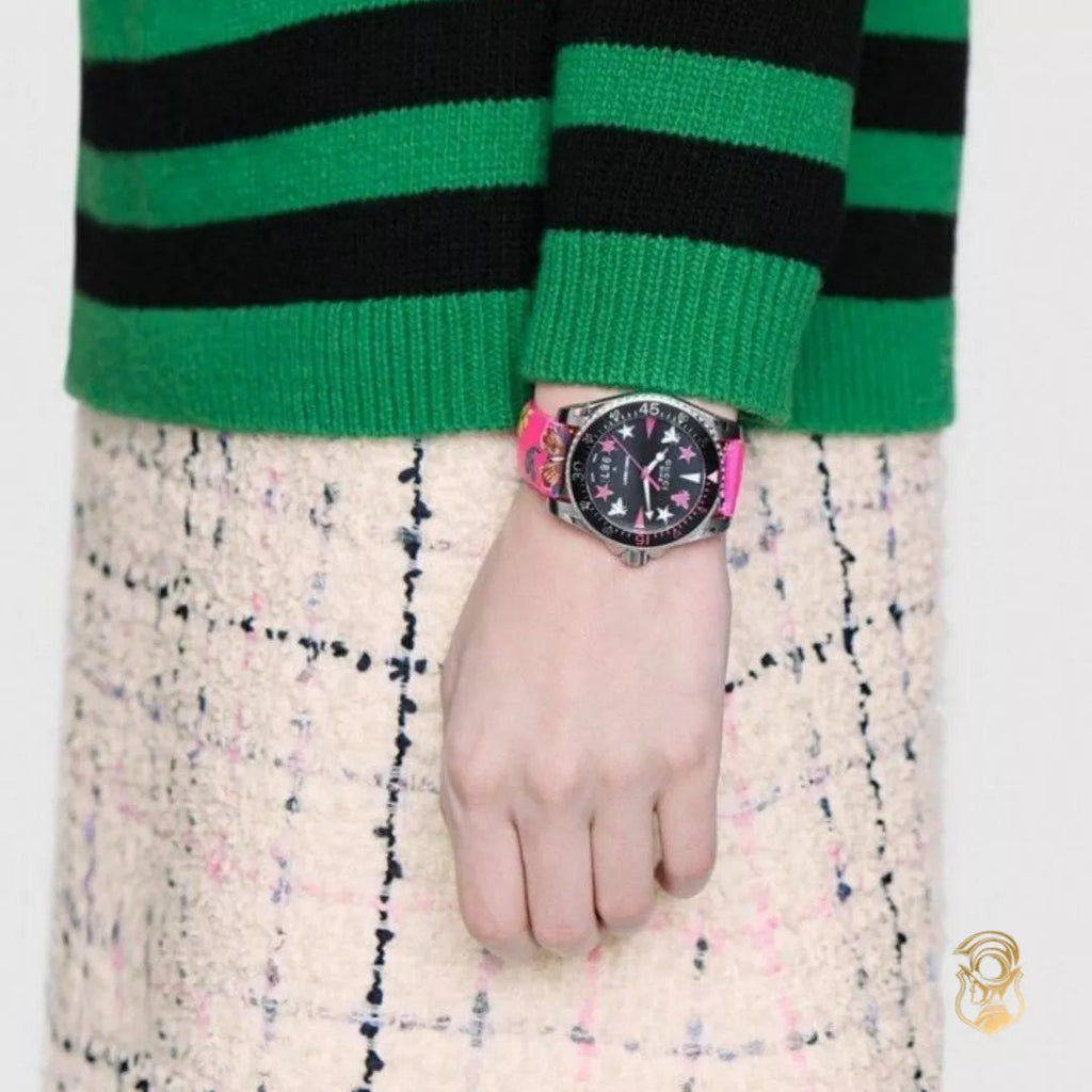 Gucci Dive Quartz Black Dial Pink Leather Strap Watch For Women - YA136326 Buy Now By Gucci