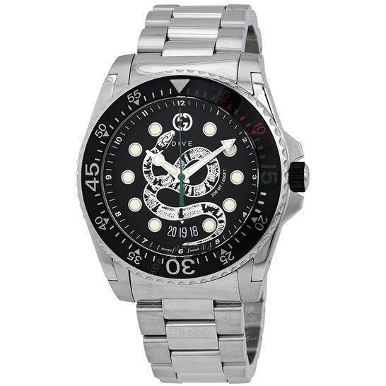 Gucci Dive Snake Black Dial Silver Steel Strap Watch For Men - YA136218 Buy Now By Gucci