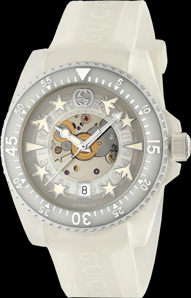 Gucci Dive Automatic Transparent Dial White Rubber Strap Watch For Men - YA136343 Buy Now By Gucci