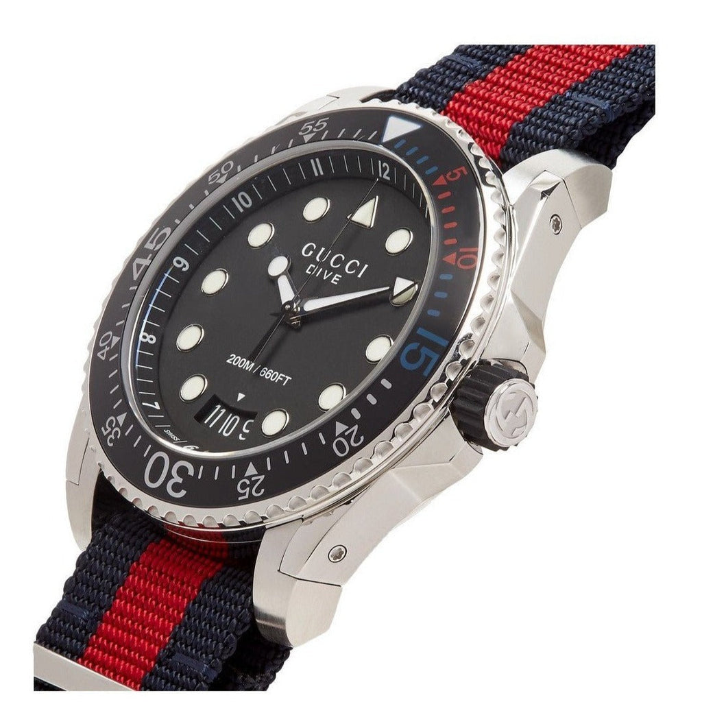 Gucci Dive Black Dial Red & Blue Nylon Strap Watch For Men - YA136210 Buy Now By Gucci
