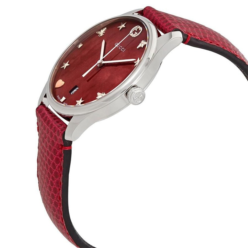 Gucci G-Timeless Mother of Pearl Red Dial Red Leather Strap Watch For Women - YA1264041 Buy Now By Gucci