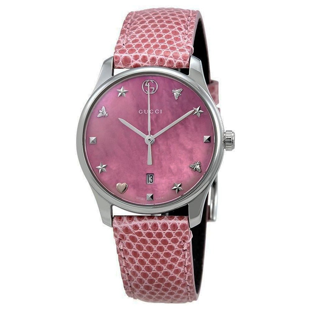 Gucci G-Timeless Pink Mother of Pearl Dial Pink Leather Strap Watch For Women - YA126586 Buy Now By Gucci