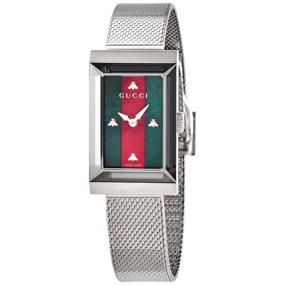 Gucci G Frame Red and Green Dial Silver Mesh Bracelet Watch For Women - YA147401 Buy Now By Gucci