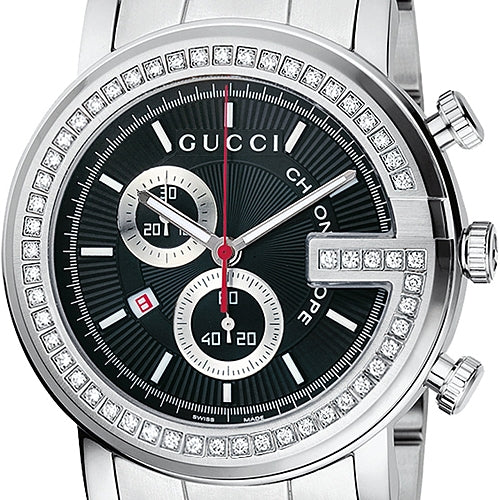 Gucci G Chrono Diamonds Black Dial Silver Steel Strap Watch For Men - YA101324 Buy Now By Gucci