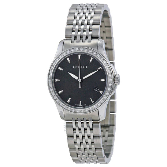 Gucci G Timeless Diamonds Mother of Pearl Black Dial Silver Mesh Bracelet Watch For Women - YA126507 Buy Now By Gucci