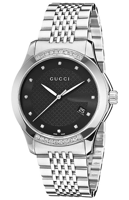 Gucci G Timeless Diamonds Black Dial Silver Steel Strap Watch For Women - YA126408 Buy Now By Gucci