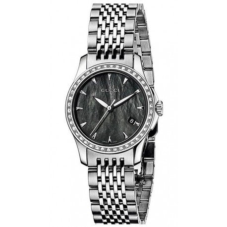 Gucci G Timeless Diamonds Mother of Pearl Black Dial Silver Mesh Bracelet Watch For Women - YA126507 Buy Now By Gucci