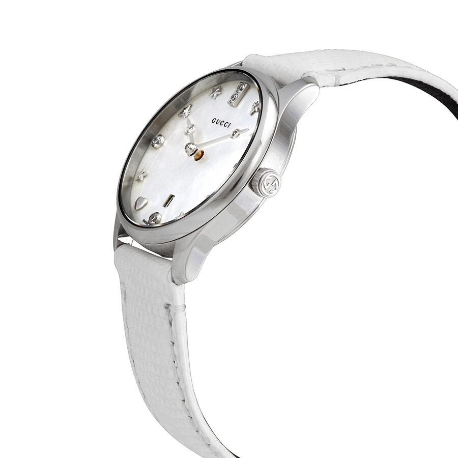 Gucci G-Timeless Mother of Pearl White Dial White Leather Strap Watch For Women - YA126597 Buy Now By Gucci