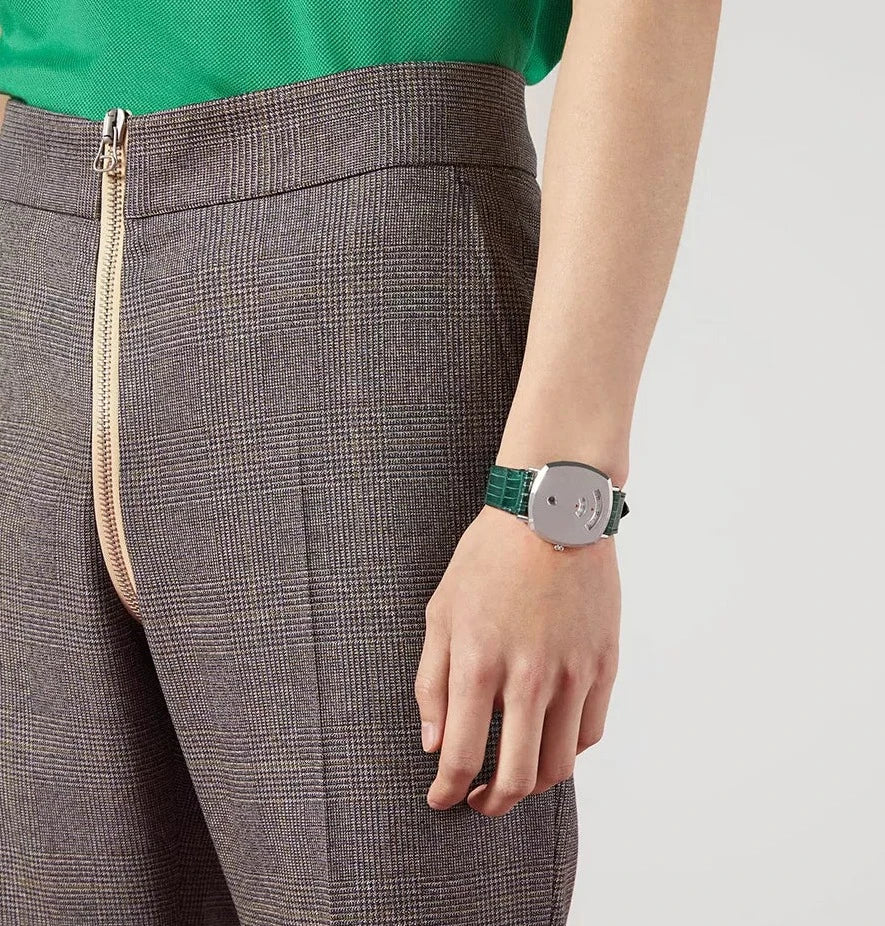 Gucci Grip Quartz Silver Dial Green Leather Strap Watch For Women - YA157414 Buy Now By Gucci