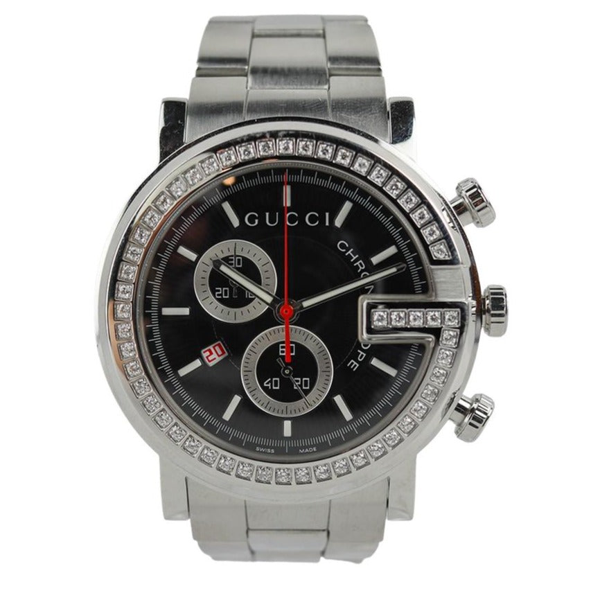 Gucci G Chrono Diamonds Black Dial Silver Steel Strap Watch For Men - YA101324 Buy Now By Gucci