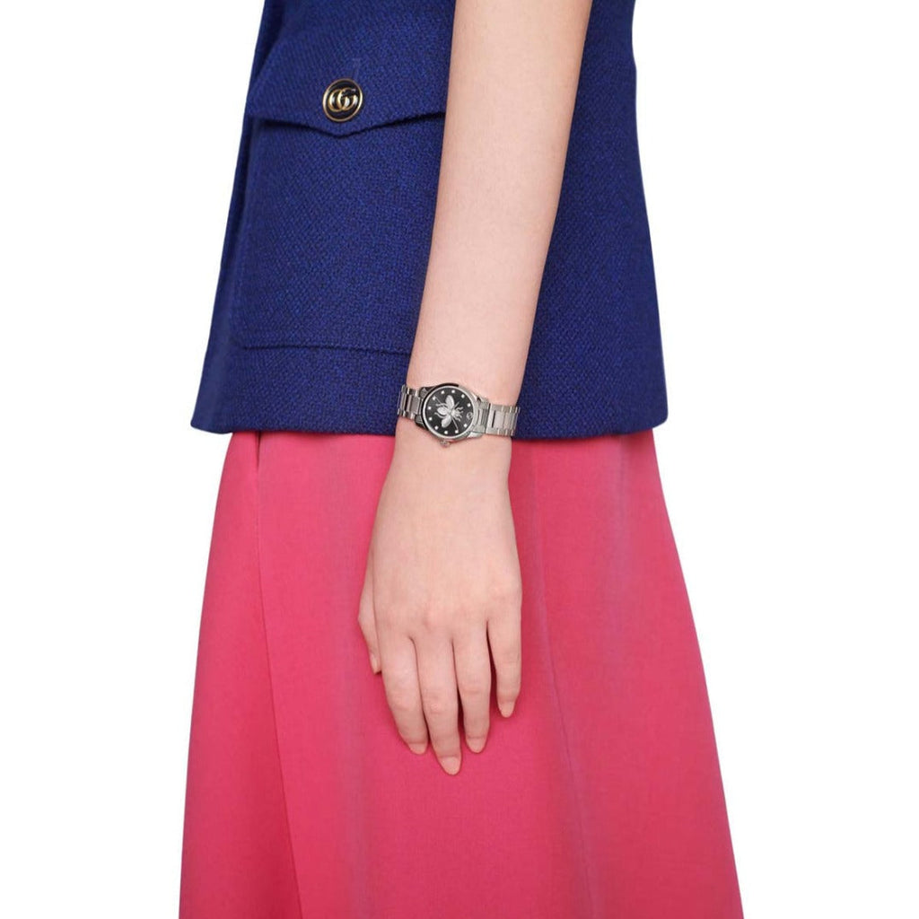 Gucci G Timeless Quartz Diamonds Black Dial Silver Steel Strap Watch For Women - YA1265024 Buy Now By Gucci