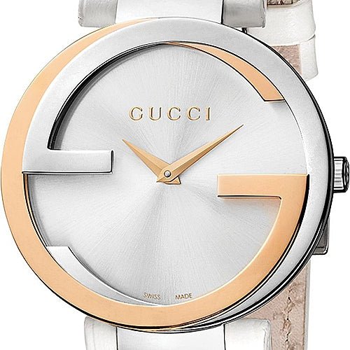 Gucci Interlocking 18K Gold Silver Dial White Leather Strap Watch For Women - YA133303 Buy Now By Gucci