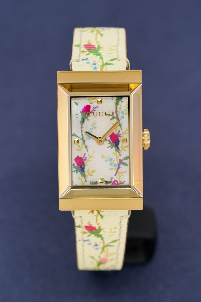 Gucci G-Frame Floral Mother of Pearl Dial White Leather Strap Watch For Women - YA147407 Buy Now By Gucci