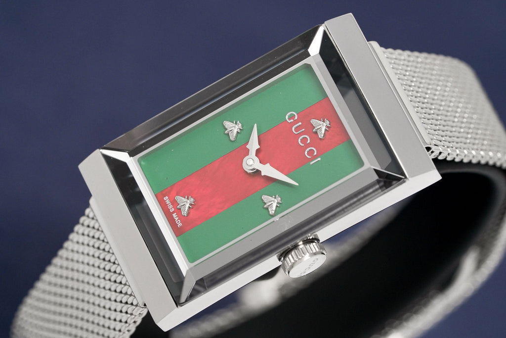 Gucci G Frame Red and Green Dial Silver Mesh Bracelet Watch For Women - YA147401 Buy Now By Gucci