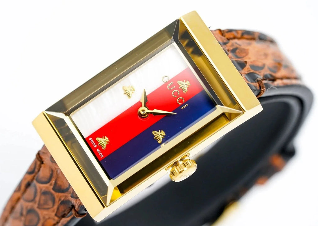 Gucci G-Frame Mother of Pearl Dial Brown Leather Snakeskin Strap Watch For Women - YA147402 Buy Now By Gucci