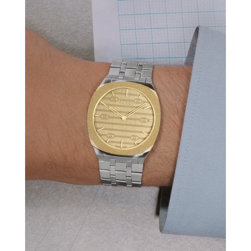 Gucci 25H Quartz Gold Dial Silver Steel Strap Watch for Men - YA163405 Buy Now By Gucci