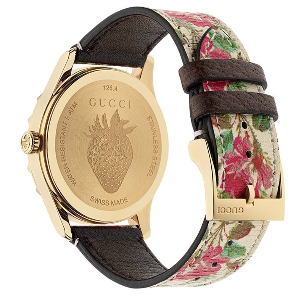 Gucci G Timeless Floral Gold Dial White Leather Strap Watch For Women - YA1264084 Buy Now By Gucci