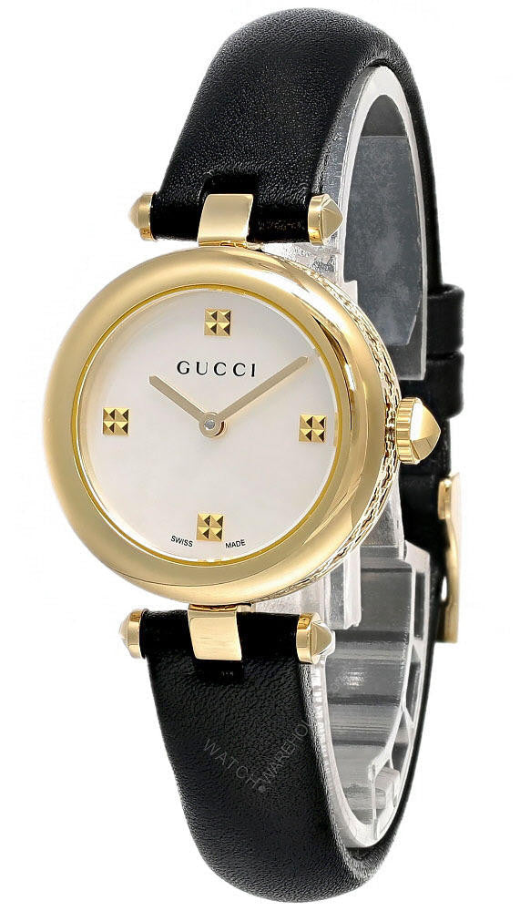 Gucci Diamantissima Quartz Mother of Pearl Dial Black Leather Strap Watch for Women - YA141404 Buy Now By Gucci
