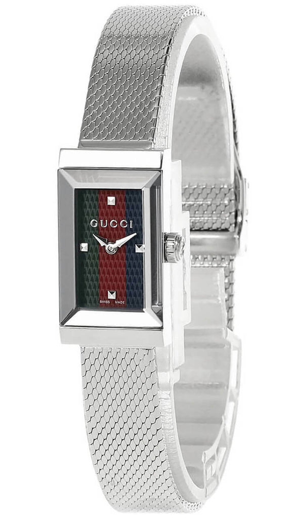 Gucci G Frame Quartz Diamonds Green & Red Mother of Pearl Dial Silver Mesh Bracelet Watch For Women - YA147510 Buy Now By Gucci