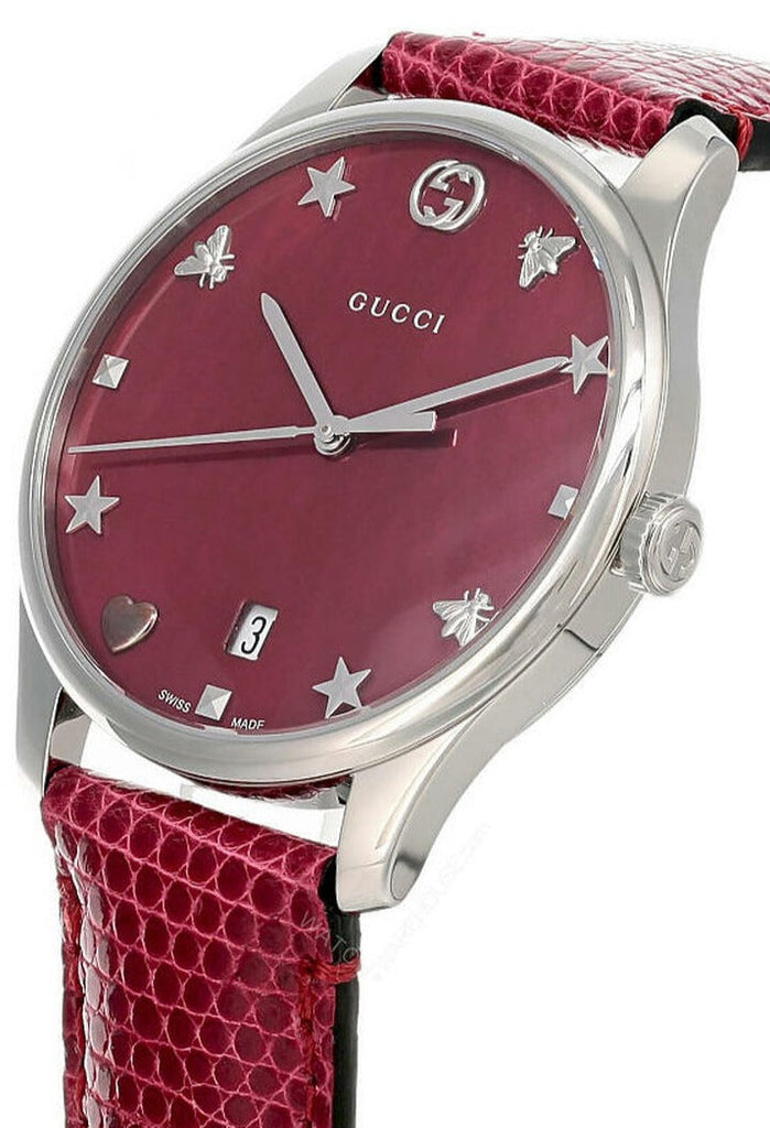 Gucci G-Timeless Mother of Pearl Red Dial Red Leather Strap Watch For Women - YA1264041 Buy Now By Gucci