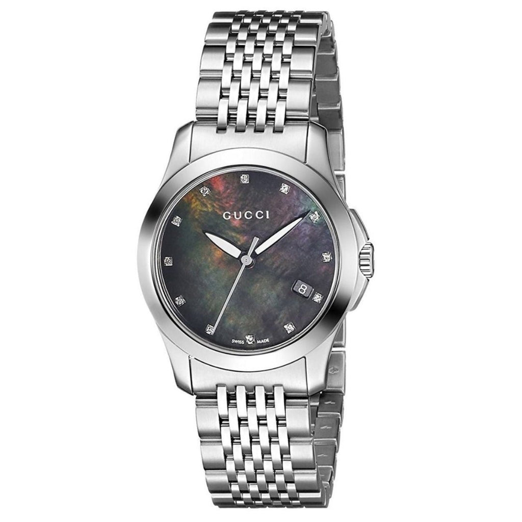 Gucci G Timeless Diamonds Mother of Pearl Black Dial Silver Steel Strap Watch For Women - YA126505 Buy Now By Gucci