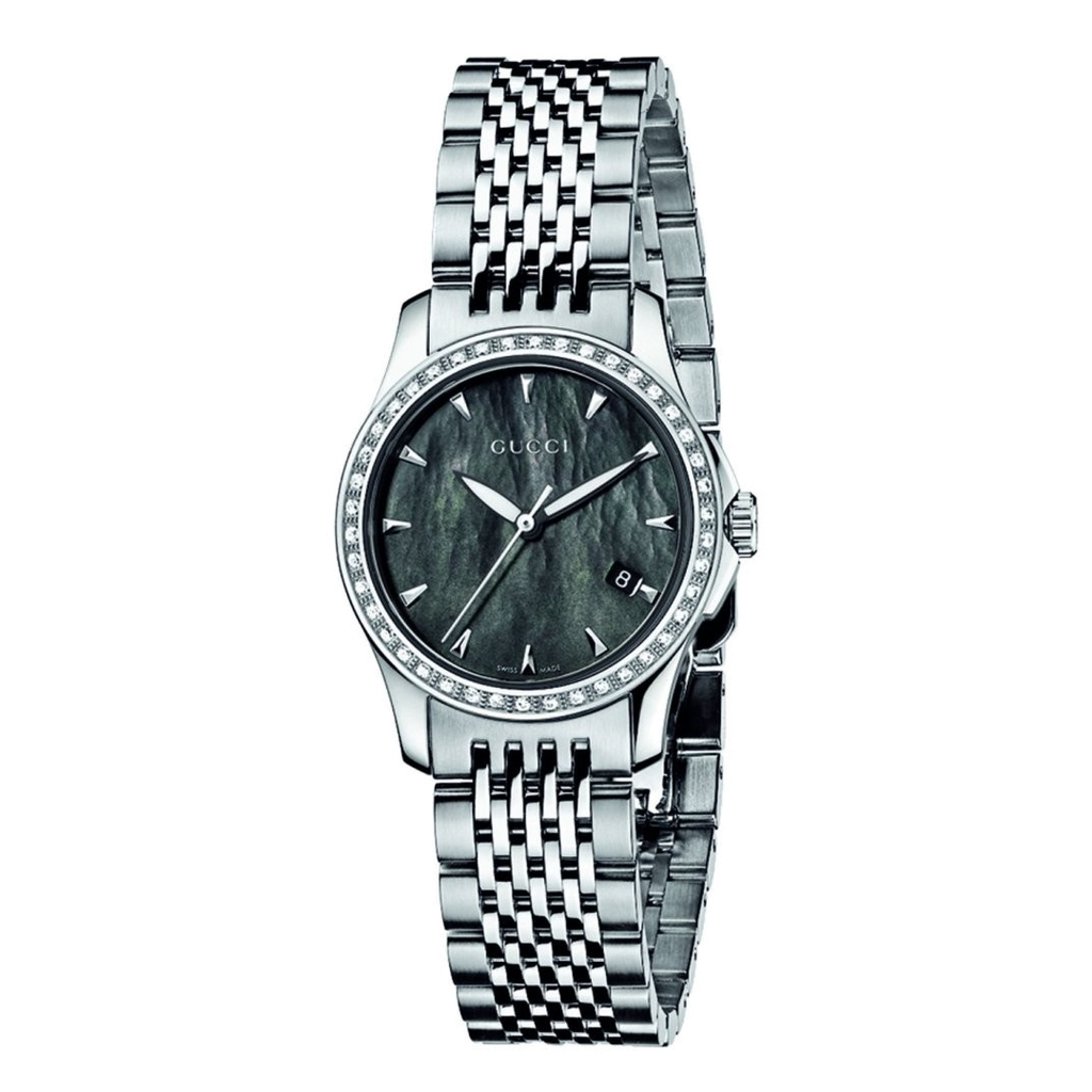 Gucci G Timeless Diamonds Mother of Pearl Black Dial Silver Mesh Bracelet Watch For Women - YA126507 Buy Now By Gucci