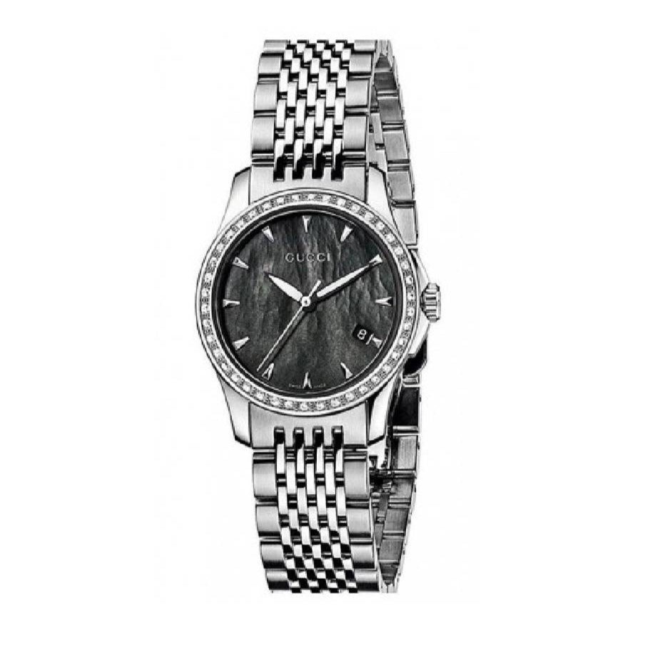 Gucci G Timeless Diamonds Mother of Pearl Black Dial Silver Mesh Bracelet Watch For Women - YA126507 Buy Now By Gucci