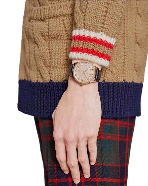 Gucci Eryx Automatic Chevron Gold Dial Black Leather Strap Watch For Men - YA126340 Buy Now By Gucci