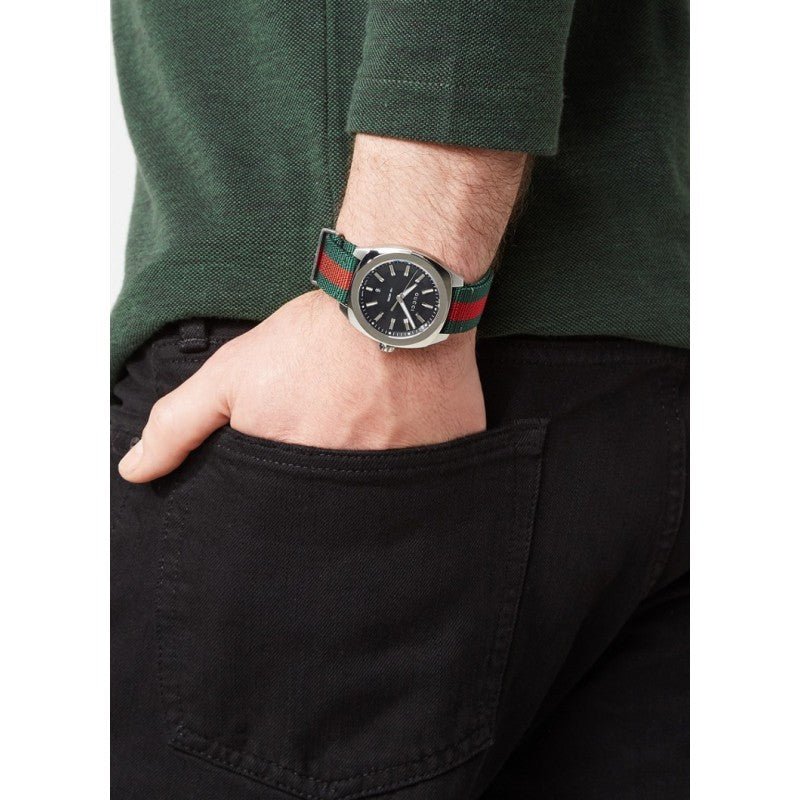 Gucci GG2570 Quartz Black Dial Green & Red Nylon Strap Watch For Men - YA142305 Buy Now By Gucci