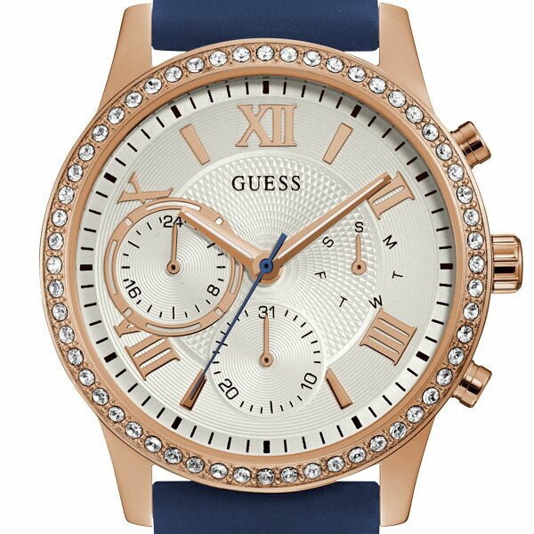 Guess Solar White Rose Gold Dial Blue Rubber Strap Watch For Women - W1135L3 Buy Now By Guess