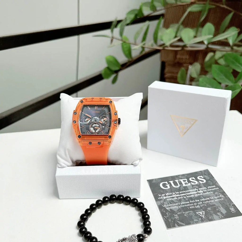 Guess Phoenix Multifunction Black Dial Orange Rubber Strap Watch For Men - GW0203G10 Buy Now By Guess