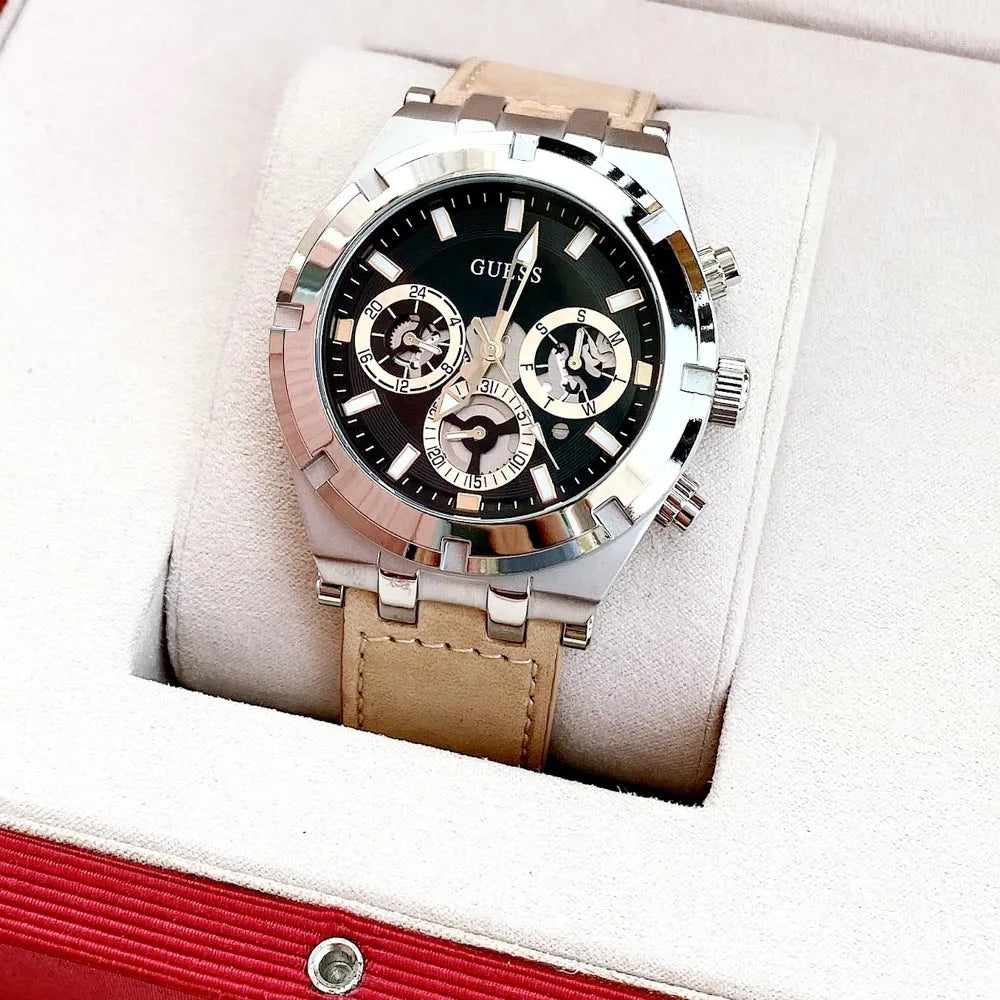 Guess Continental Multifunction Black Dial Brown Leather Strap Watch for Men - GW0262G1 Buy Now By Guess