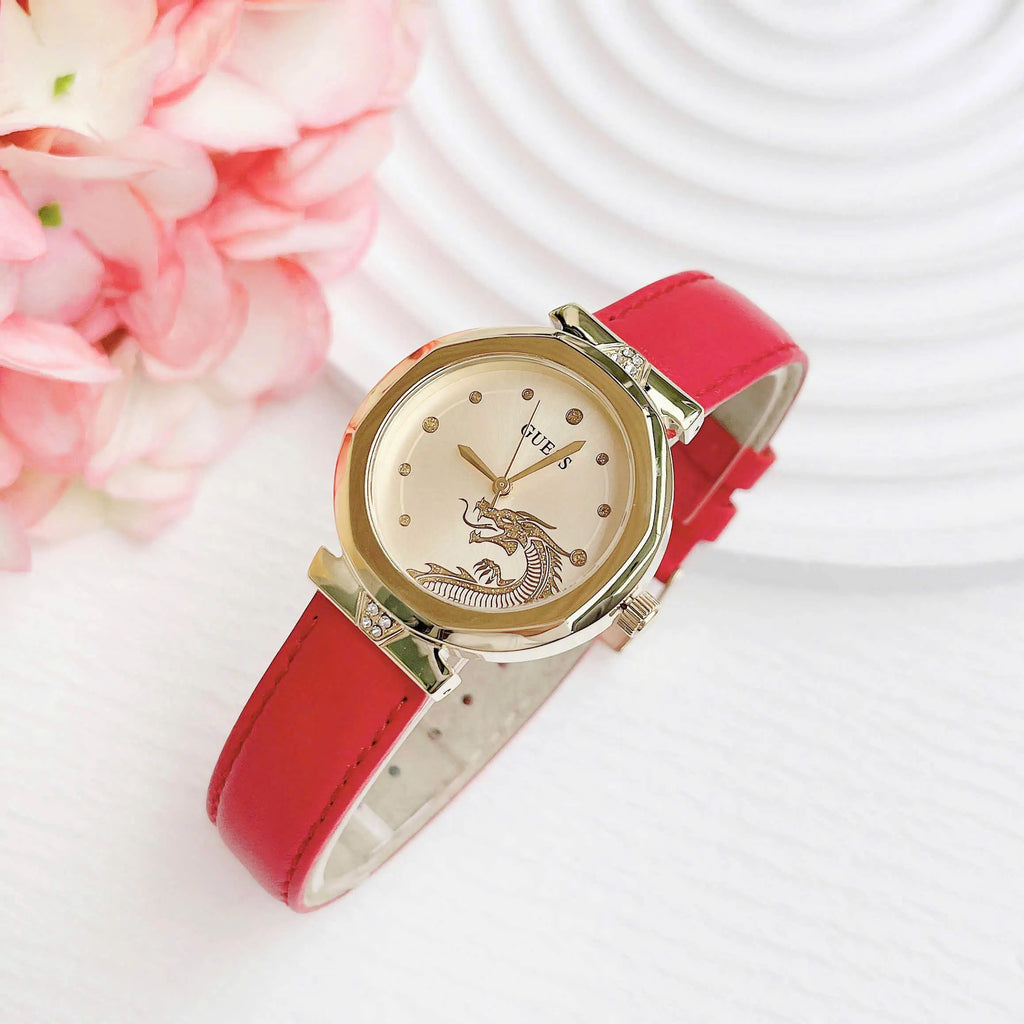 Guess Trend Dragon Gold Dial Red Leather Strap Watch For Women - GW0646L1 Buy Now By Guess
