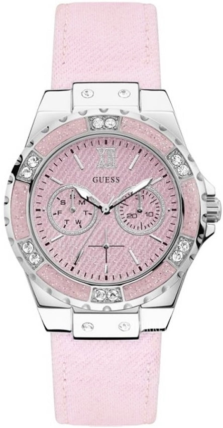 Guess Limelight Quartz Diamonds Pink Dial Pink Denim Strap Watch For Women - W0775l15 Buy Now By Guess