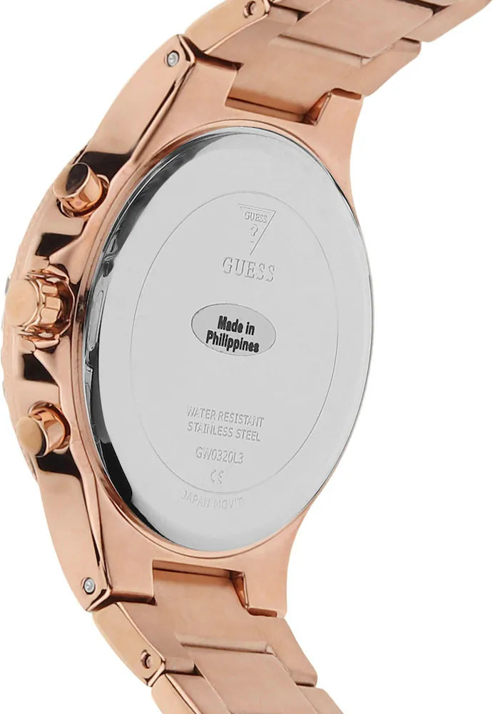 Guess Moonlight Multi Function Diamonds White Dial Rose Gold Steel Strap Watch for Women - GW0320L3 Buy Now By Guess