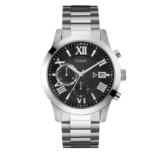 Guess Atlas Chronograph Black Dial Silver Steel Strap Watch For Men - W0668G3 Buy Now By Guess