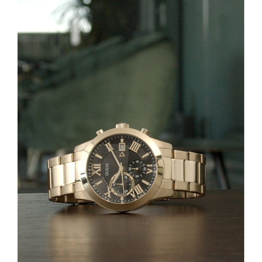 Guess Atlas Chronograph Black Dial Gold Steel Strap Watch for Men - W0668G8 Buy Now By Guess