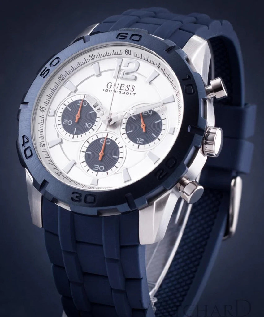 Guess Caliber Chronograph White Dial Blue Rubber Strap Watch for Men - W0864G6 Buy Now By Guess