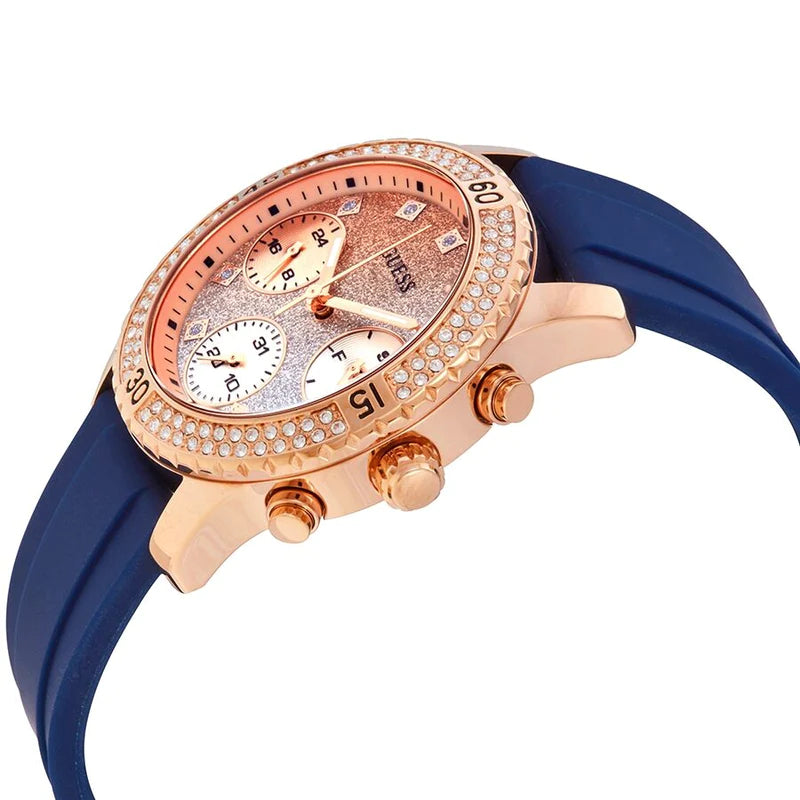 Guess Confetti Diamonds Gold Dial Blue Rubber Strap Watch For Women - W1098L6 Buy Now By Guess