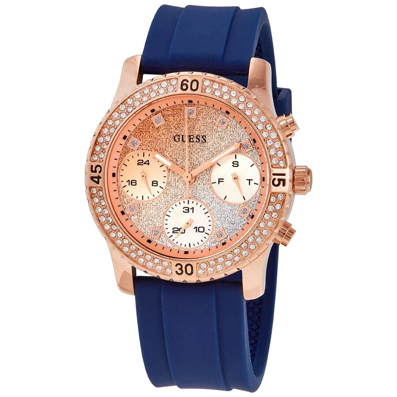 Guess Confetti Diamonds Gold Dial Blue Rubber Strap Watch For Women - W1098L6 Buy Now By Guess