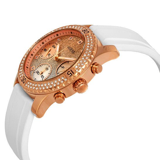 Guess Confetti Crystal Rose Gold Dial White Silicone Strap Watch For Women - W1098L5 Buy Now By Guess