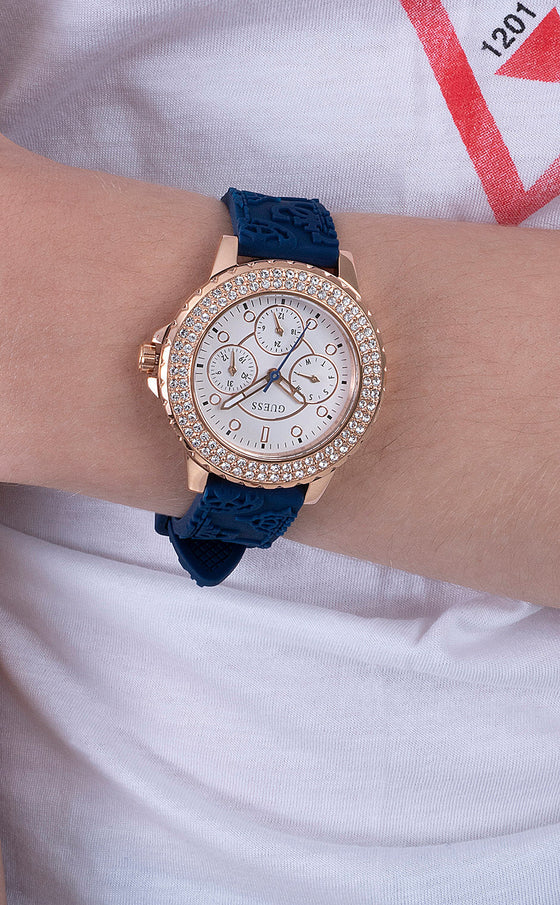 Guess Confetti Diamonds Gold Dial Blue Rubber Strap Watch For Women - W1098L6 Buy Now By Guess