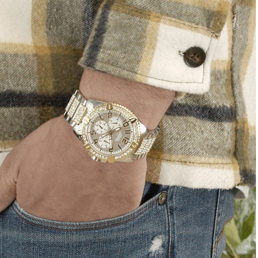 Guess Frontier Chronograph Crystals Silver Dial Two Tone Steel Strap Watch for Men - W0799G4 Buy Now By Guess