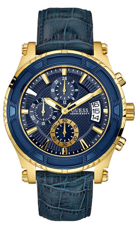 Guess Pinnacle Chronograph Quartz Blue Dial Blue Leather Strap Watch For Men - W0673G2 Buy Now By Guess