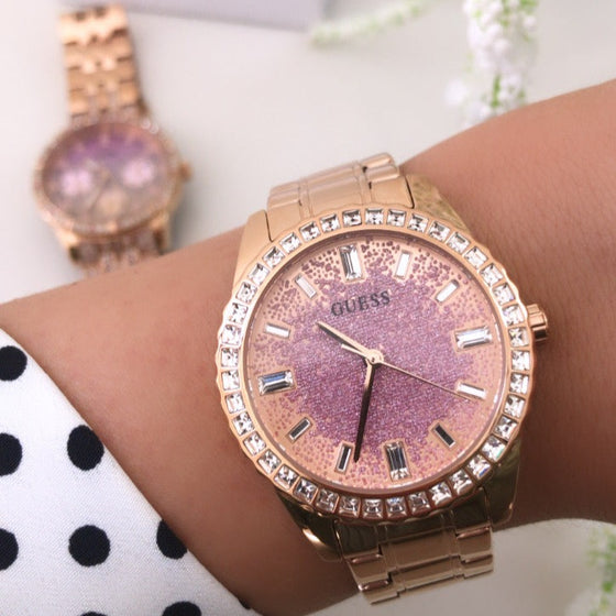 Guess Glitter Diamonds Pink Dial Rose Gold Steel Strap Watch for Women - GW0405L3 Buy Now By Guess
