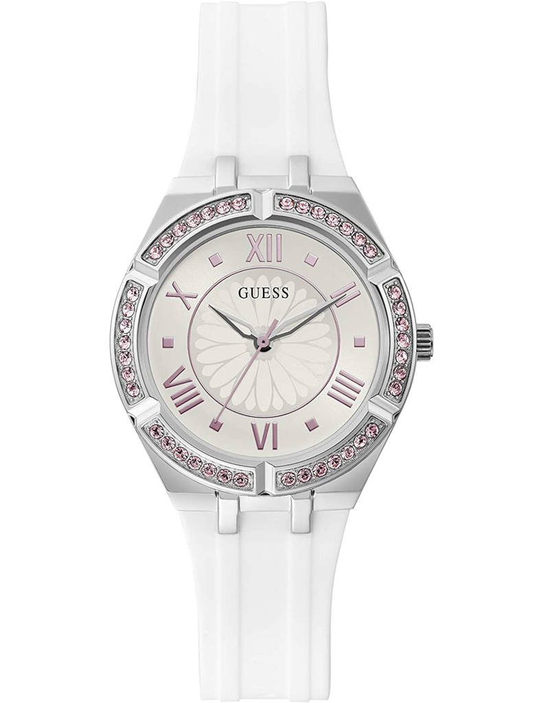 Guess Sparkling Silver Dial White Rubber Strap Watch For Women - GW0032L1 Buy Now By Guess