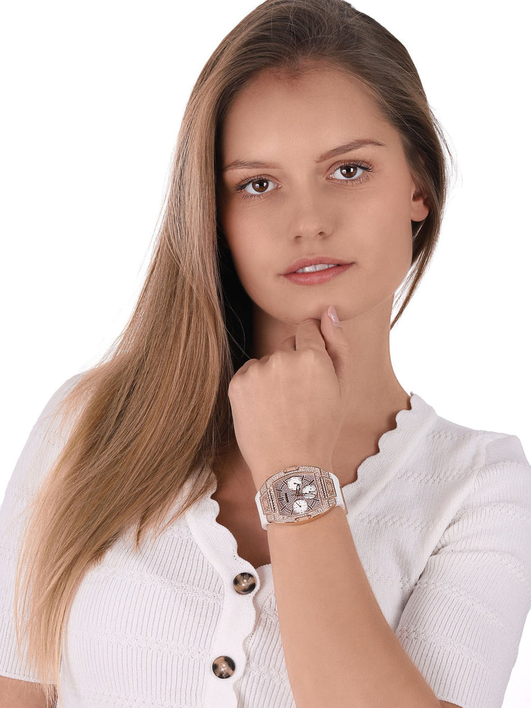 Guess Raven Diamonds Rose Gold Dial White Silicone Strap Watch for Women - GW0105L3 Buy Now By Guess